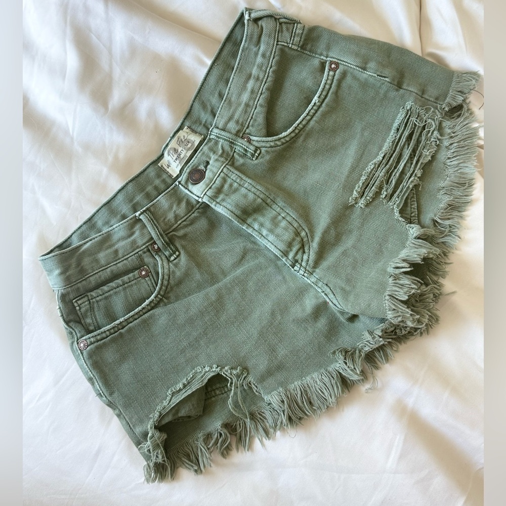 Free People Loving Good Vibrations Cut Off Shorts - Size 26 Sage Green Denim